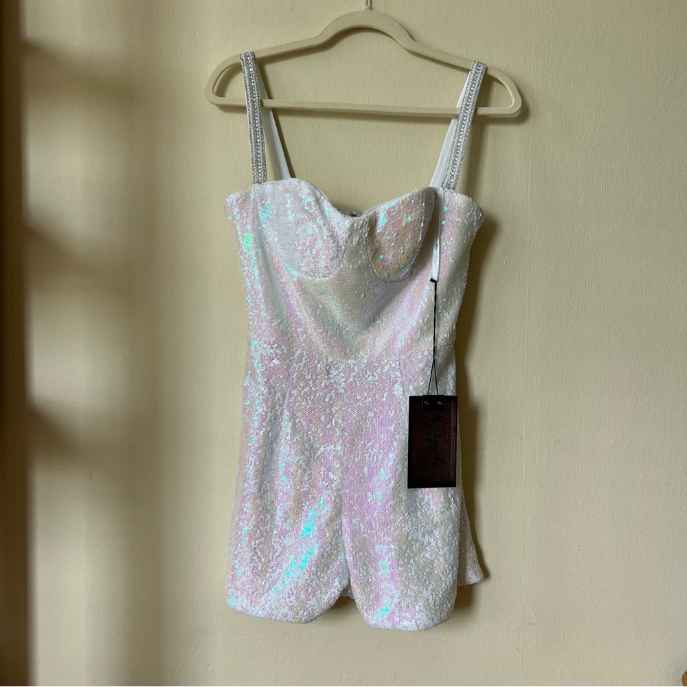 MacDuggal iridescent sequin rhinestone holographic white romper holiday sparkle